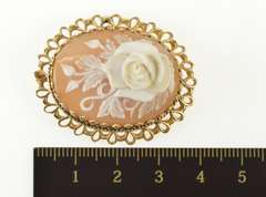 14K Yellow Gold Rose Floral Carved Shell Ornate Cameo Pendant/Pin