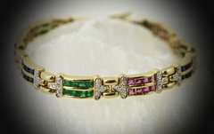 Colorful 14K Emerald, Sapphire, Ruby and Diamond  Bracelet