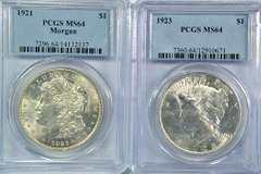 PCGS MS64 graded 1921 Morgan & 1923 Peace Silver Dollar