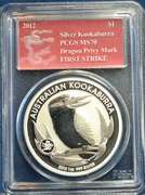 2012  1 oz Silver Kookaburra PCGS MS 70 Dragon Privy Mark First Strike