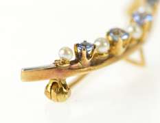14K Yellow Gold Victorian Seed Pearl Syn. Sapphire Moon Pin/Brooch