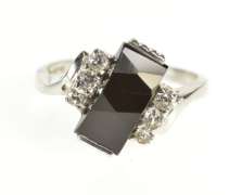 10K White Gold Faceted Black Onyx CZ Accent Retro Bypass Ring