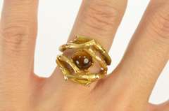 14K Yellow Gold Tiger's Eye 1960's Bamboo Statement Cocktail Ring