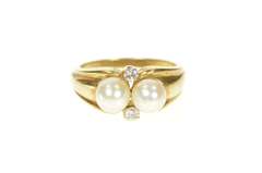 14K Yellow Gold Retro Two Pearl Diamond Accent Statement Ring
