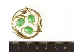 14K Yellow Gold Art Nouveau Jade Cabochon Floral Swirl Pin/Brooch