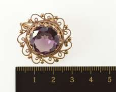 10K Yellow Gold Retro Round Scroll Trim Amethyst Statement Pendant/Pin