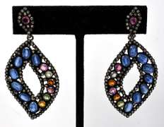 Stunning Multi Colored Gemstone & Diamond Earrings set in Antiqued  Silver