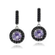 Sterling Silver 2.5ct Amethyst & Black Spinel Round Dangle Earrings