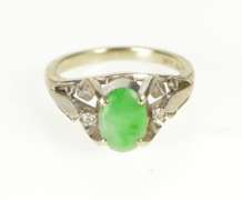 14K White Gold Oval Jade Diamond Accent Ornate Scroll Design Ring