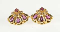 14K Yellow Gold Pear Ruby Diamond Fanned Cluster Fashion Earrings