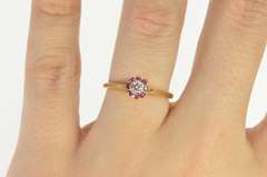 14K Yellow Gold Diamond Floral Ruby Halo Retro Engagement Ring