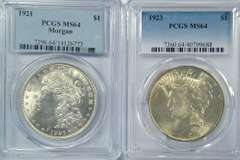 PCGS MS64 graded 1921 Morgan & 1923 Peace Silver Dollar