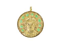 18K Yellow Gold Ornate Stylized Peruvian Face Raw Emerald Pendant