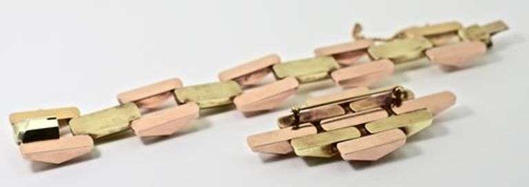 Super 14K Deco Bracelet and Brooch Set