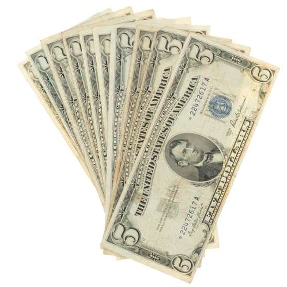 10 Assorted Nicer $5 1953 Various Series  Silver Certs
