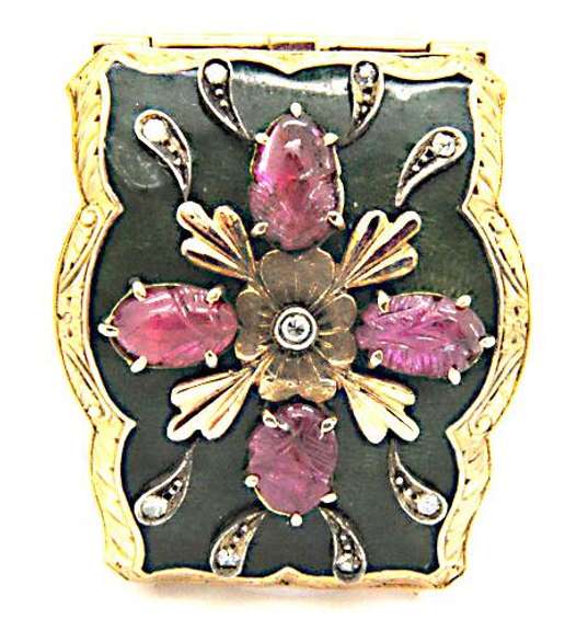 14K YELLOW GOLD DIAMOND, CARVED RUBY & ENAMELED BROOCH