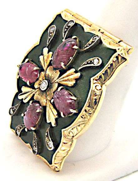 14K YELLOW GOLD DIAMOND, CARVED RUBY & ENAMELED BROOCH