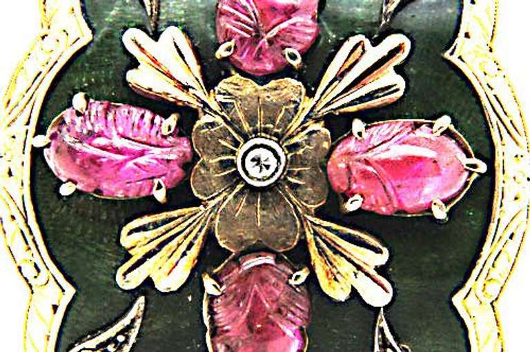 14K YELLOW GOLD DIAMOND, CARVED RUBY & ENAMELED BROOCH