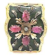 14K YELLOW GOLD DIAMOND, CARVED RUBY & ENAMELED BROOCH