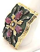 14K YELLOW GOLD DIAMOND, CARVED RUBY & ENAMELED BROOCH