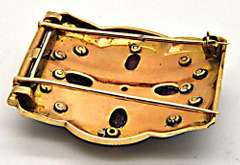 14K YELLOW GOLD DIAMOND, CARVED RUBY & ENAMELED BROOCH