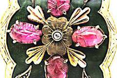 14K YELLOW GOLD DIAMOND, CARVED RUBY & ENAMELED BROOCH