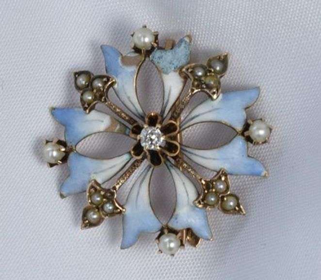 Antique 10K and Enamel Pin w/ Diamond and Pearls