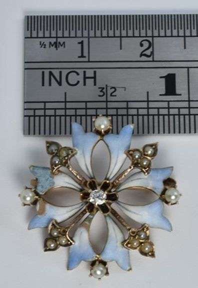 Antique 10K and Enamel Pin w/ Diamond and Pearls