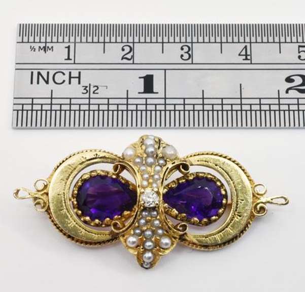 Antique Amethyst, Diamond, and Pearl 14K Brooch
