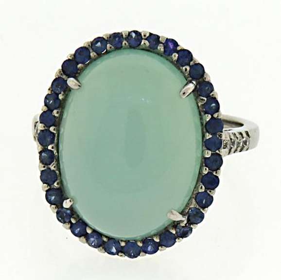 Beautiful Chalcedony w Sapphire Halo & Diamond Shank