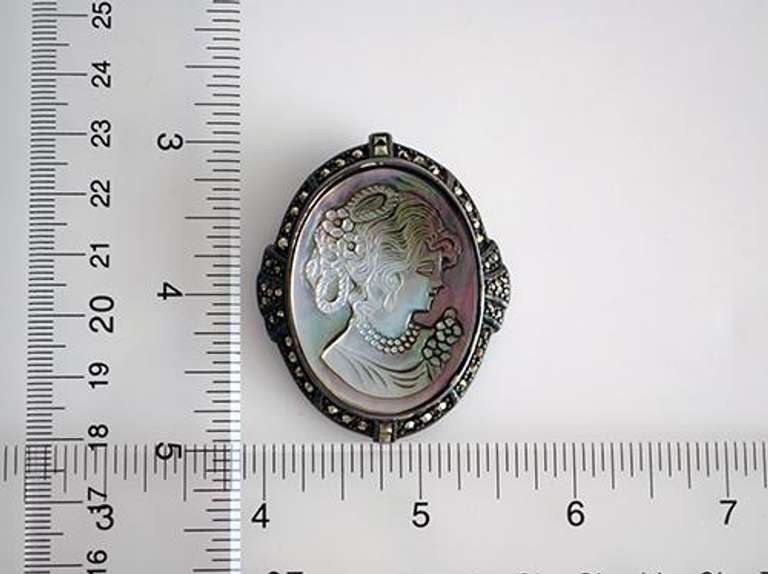 Mother of Pearl & Marcasite Sterling Silver Cameo Pin Brooch