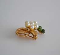 Signed 14KGF Grapes Pin Brooch with Jade Gemstones