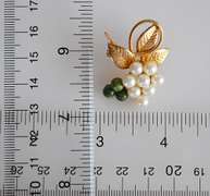 Signed 14KGF Grapes Pin Brooch with Jade Gemstones