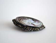 Mother of Pearl & Marcasite Sterling Silver Cameo Pin Brooch