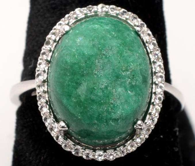 Darling Cabochon Natural Emerald Ring with Sapphire Halo