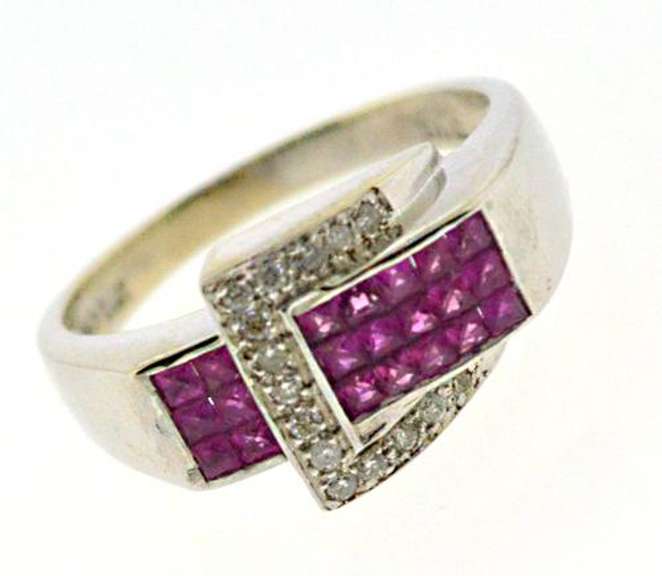 Flashy 14kt WG Pink Sapphire and Diamond Buckle Ring