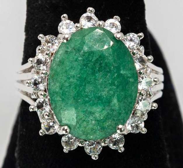 Incredible 8.96CT Emerald & White Sapphire Ring, Sterling
