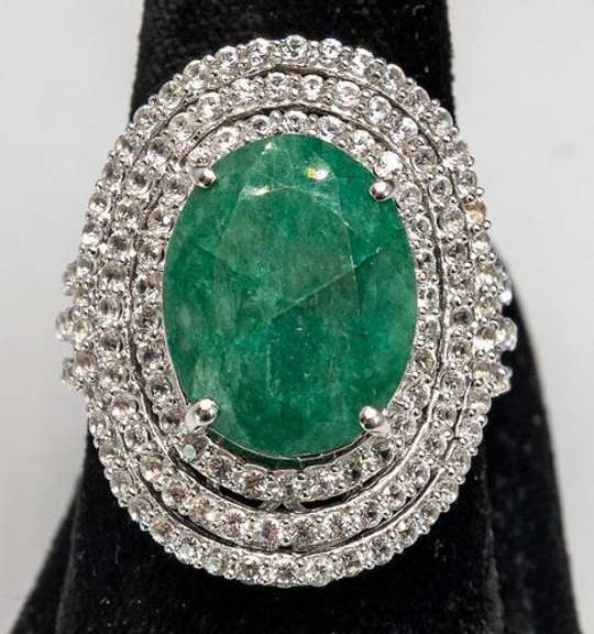 Sparkling Massive 9.75CTS Oval Diamond Cut Natural Emerald & Sapphire Ring in Sterling