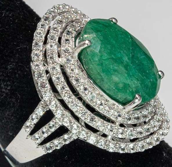 Sparkling Massive 9.75CTS Oval Diamond Cut Natural Emerald & Sapphire Ring in Sterling