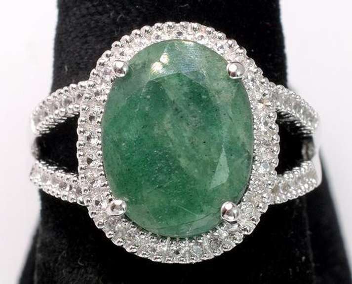 Shimmering Emerald & White Sapphire Ring, Sterling