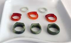 Lot of 8 Carved Jade Rings: Green, Brown and White
