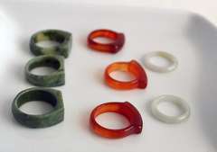 Lot of 8 Carved Jade Rings: Green, Brown and White