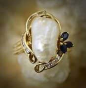 Artistic 18K Pearl, Sapphire & Diamond Ring