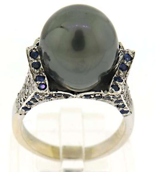 Stunning Tahitian Pearl & Pave Diamond & Sapphire Ring