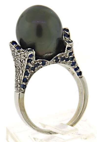 Stunning Tahitian Pearl & Pave Diamond & Sapphire Ring