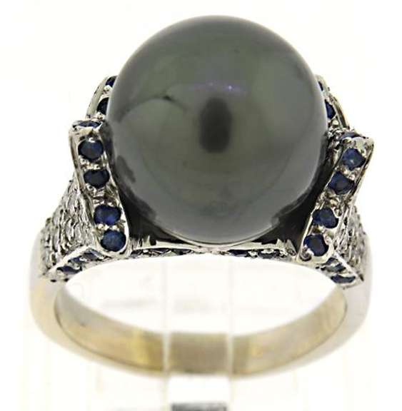 Stunning Tahitian Pearl & Pave Diamond & Sapphire Ring