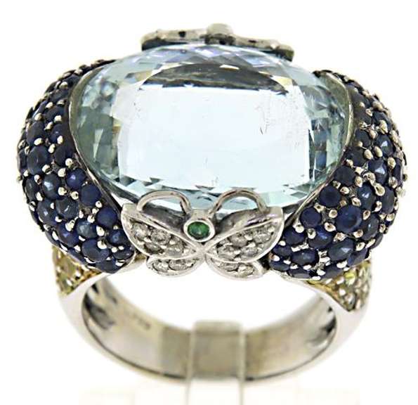 Charming Oval Aquamarine, Blue Sapphire & Diamond Ring
