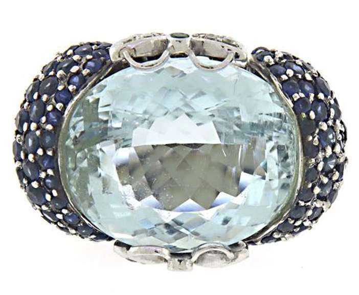 Charming Oval Aquamarine, Blue Sapphire & Diamond Ring