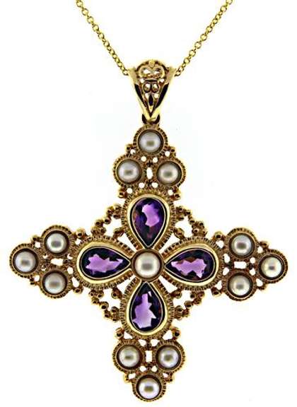 Handsome Pearl & Amethyst Maltese Cross Necklace
