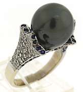 Stunning Tahitian Pearl & Pave Diamond & Sapphire Ring